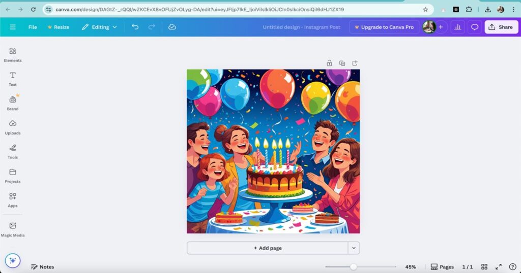 AI-generated birthday celebration image on Canva interface