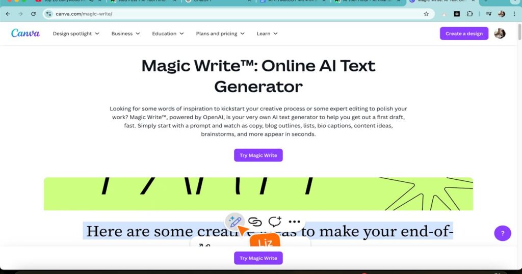 Screenshot of Canva Magic Write AI text generator interface for content creation