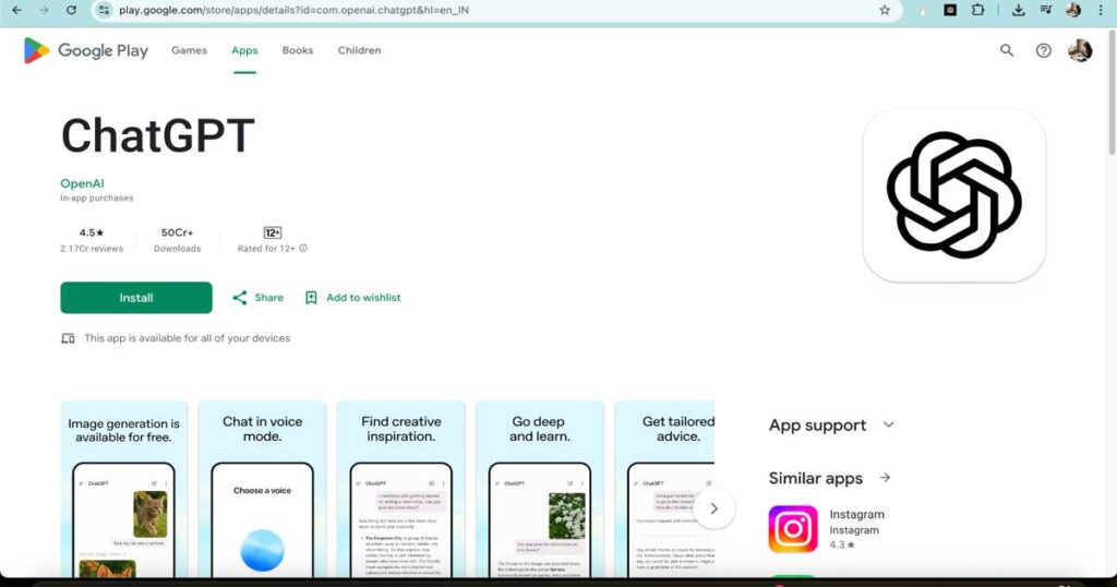 ChatGPT AI app interface on Google Play Store with install option and features