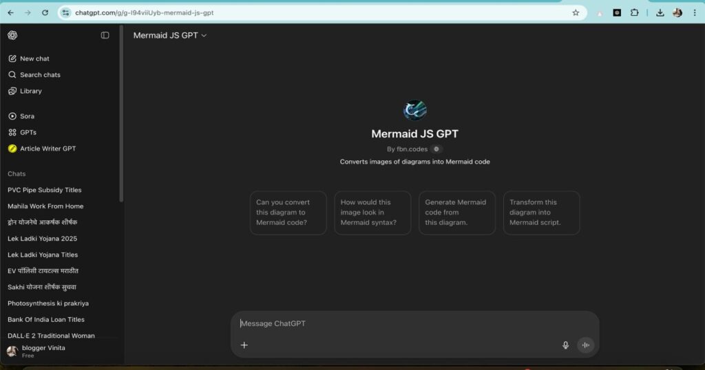 ChatGPT Mermaid.js GPT interface for generating diagrams from text or images using Mermaid code