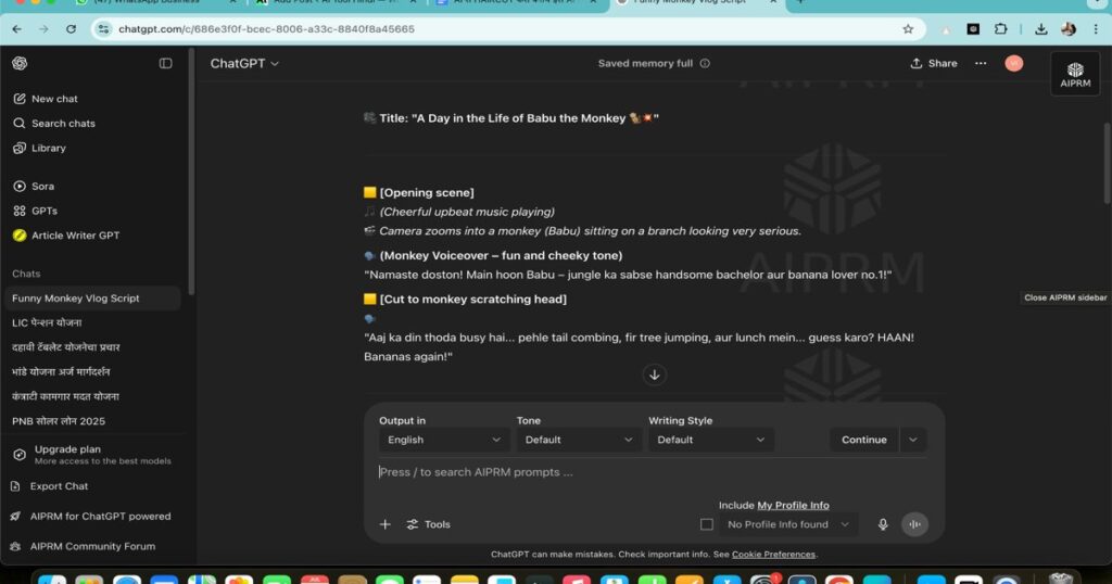 ChatGPT interface generating a funny vlog script for AI monkey video