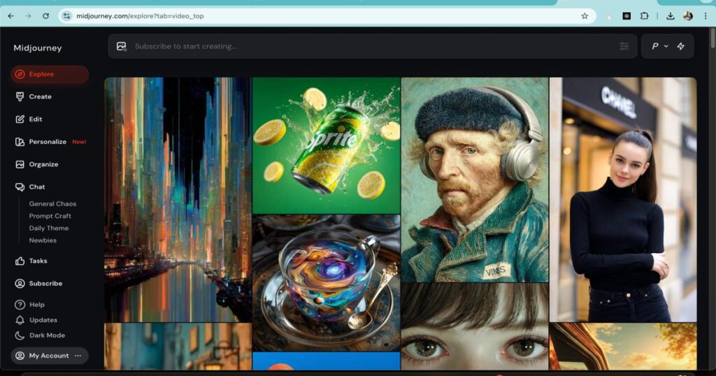Midjourney AI image generation platform user interface screenshot