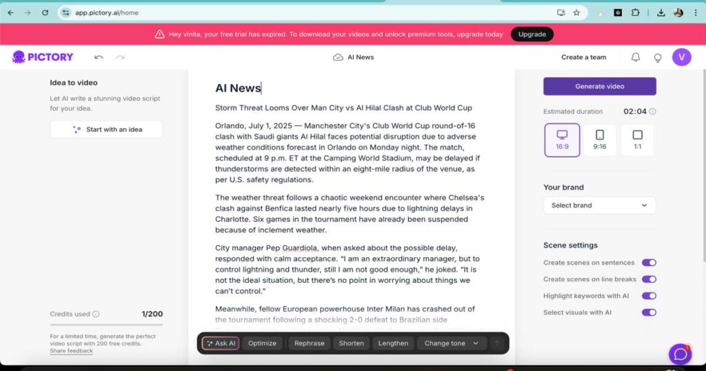 Pictory AI dashboard converting a news article into a video format