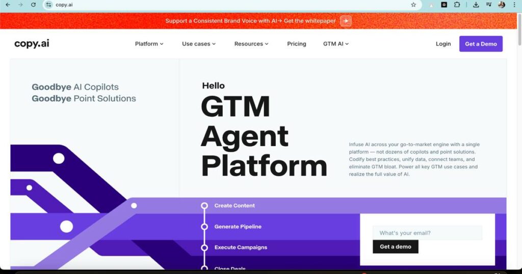 Copy.ai homepage interface showing GTM Agent Platform for content and campaign automation