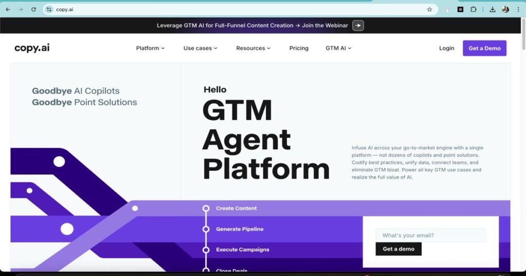 Copy.ai homepage displaying GTM agent platform for AI-powered content and campaign automation