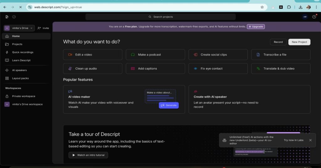 Descript AI-powered video and podcast editing platform dashboard