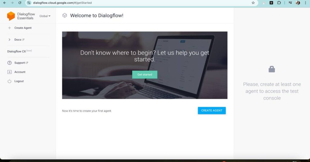 "Dialogflow platform interface for creating AI chatbot agents"