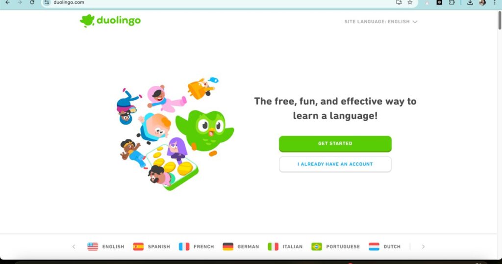Duolingo homepage showcasing AI-powered language learning with interactive characters
