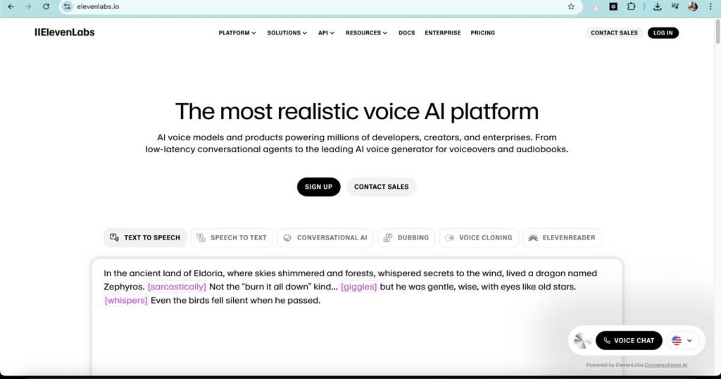 "ElevenLabs homepage showcasing AI voice generation tools"