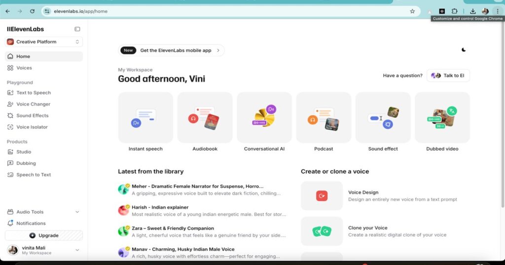 "ElevenLabs AI platform for generating professional voiceovers"