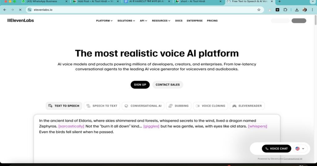 "ElevenLabs homepage showcasing AI voice generation features for script narration"
