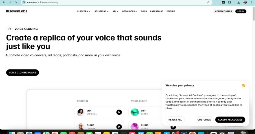 "ElevenLabs voice cloning tool homepage interface"