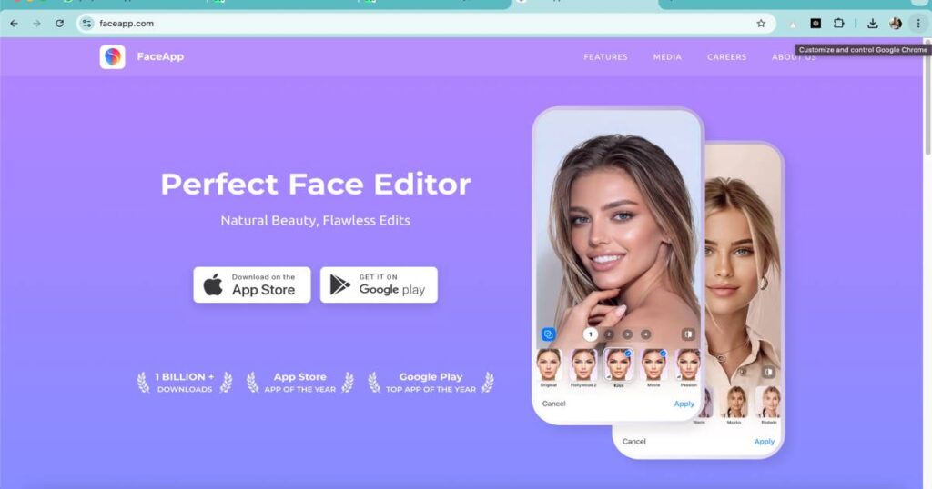 "FaceApp homepage showing AI-powered face editor and gender swap filters on mobile interface"