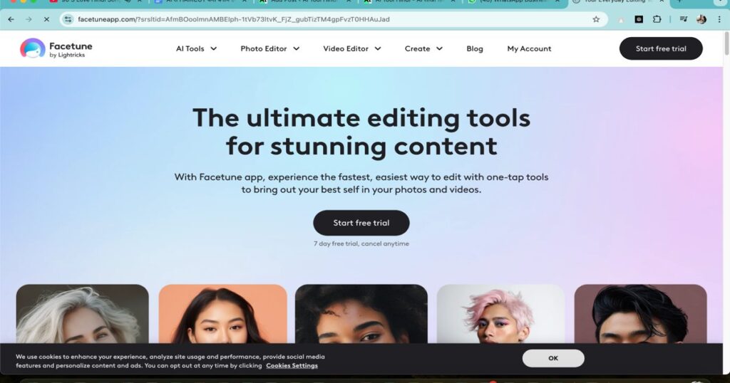"Facetune homepage featuring AI photo editing tools for creative content"