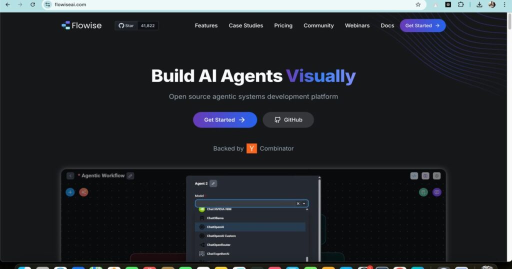 "Screenshot of Flowise interface for visually building AI agents"