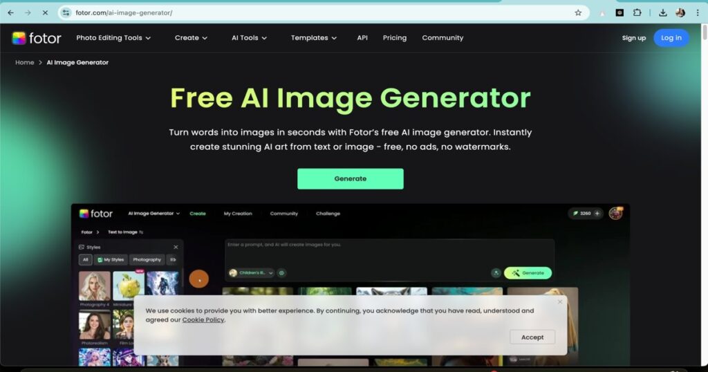 Fotor AI image generator homepage for creating profile pictures