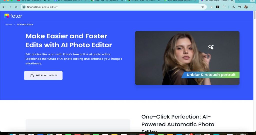 "Fotor AI photo editor homepage showing portrait editing and unblur features"