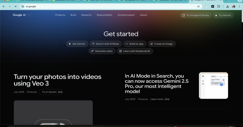 Screenshot of the official Google AI website homepage showing Veo 3 and Gemini 2.5 Pro features.