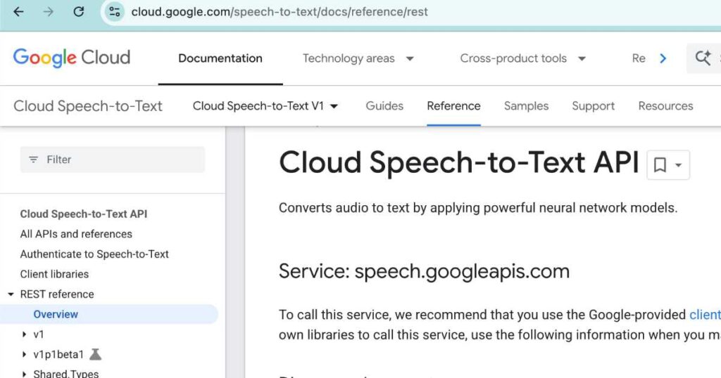 Google Cloud Speech-to-Text API documentation page showing REST reference for speech processing