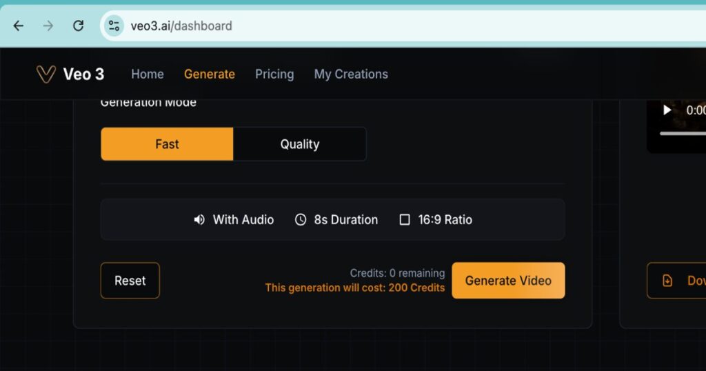 "Google Veo 3 interface showing Generate Video button for text-to-video creation"