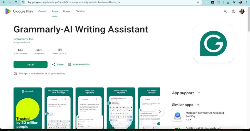 Grammarly AI writing assistant app interface on Google Play Store with install button and feature previews