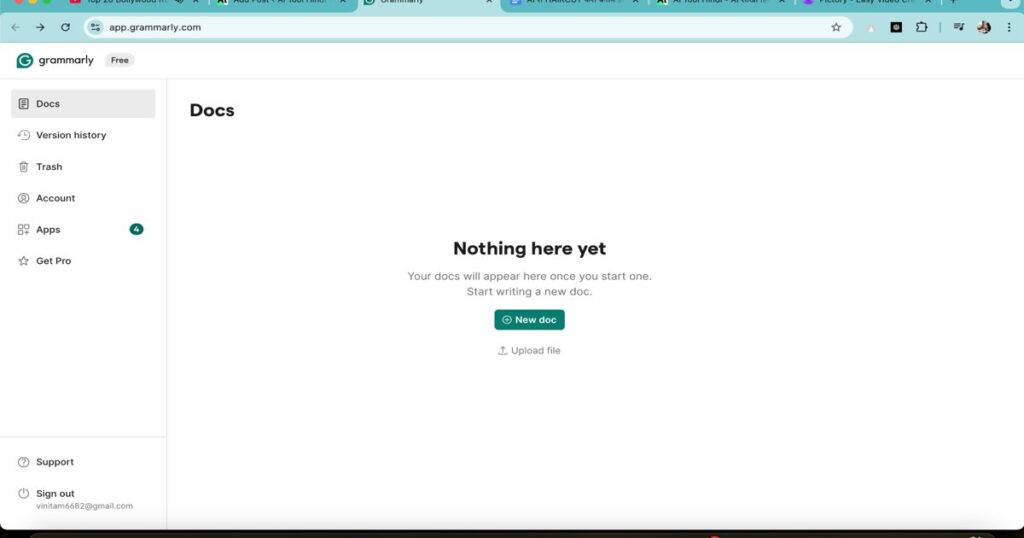 Grammarly AI dashboard interface showing writing assistant workspace