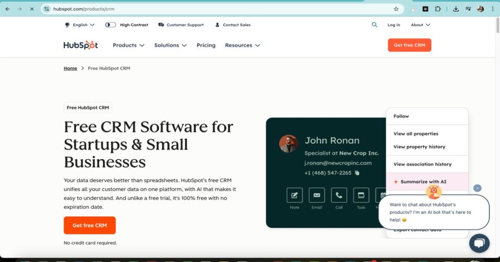 "HubSpot free CRM dashboard with AI tools for lead generation and customer management"