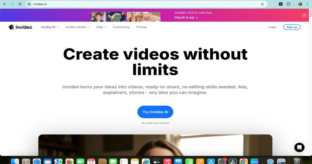 InVideo AI platform homepage for creating social media videos without editing skills