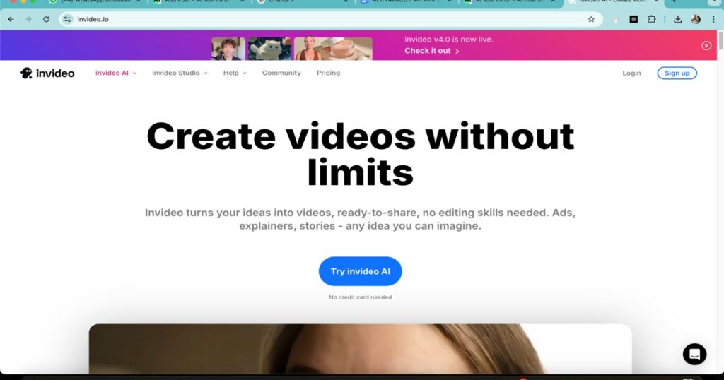 InVideo AI video editor homepage for easy content creation