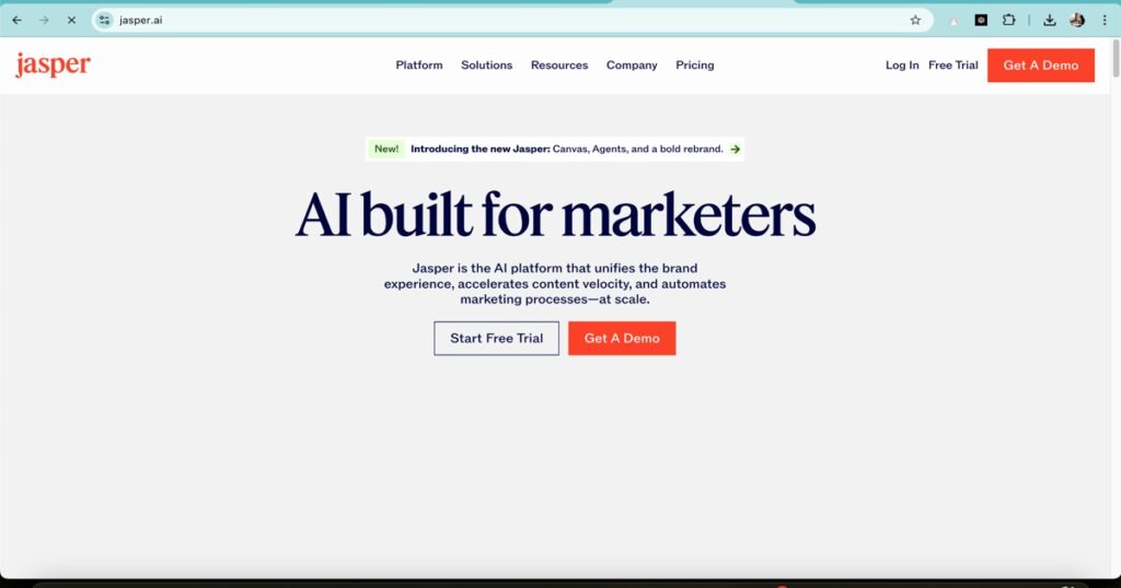 Jasper AI platform homepage for content generation and marketing automation