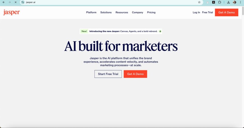 "Jasper AI homepage showcasing AI tools for marketers and content automation"