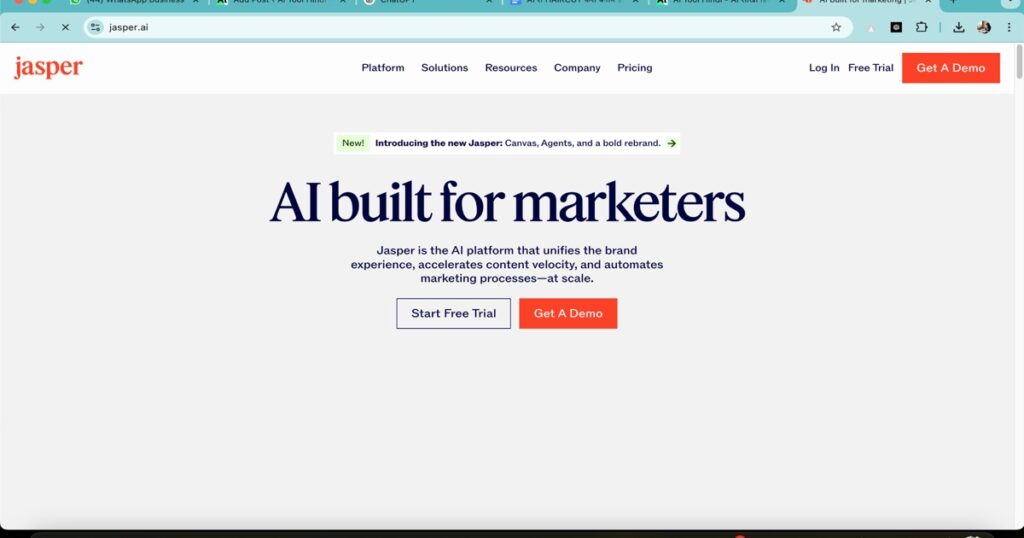 Jasper AI homepage interface for script writing with artificial intelligence