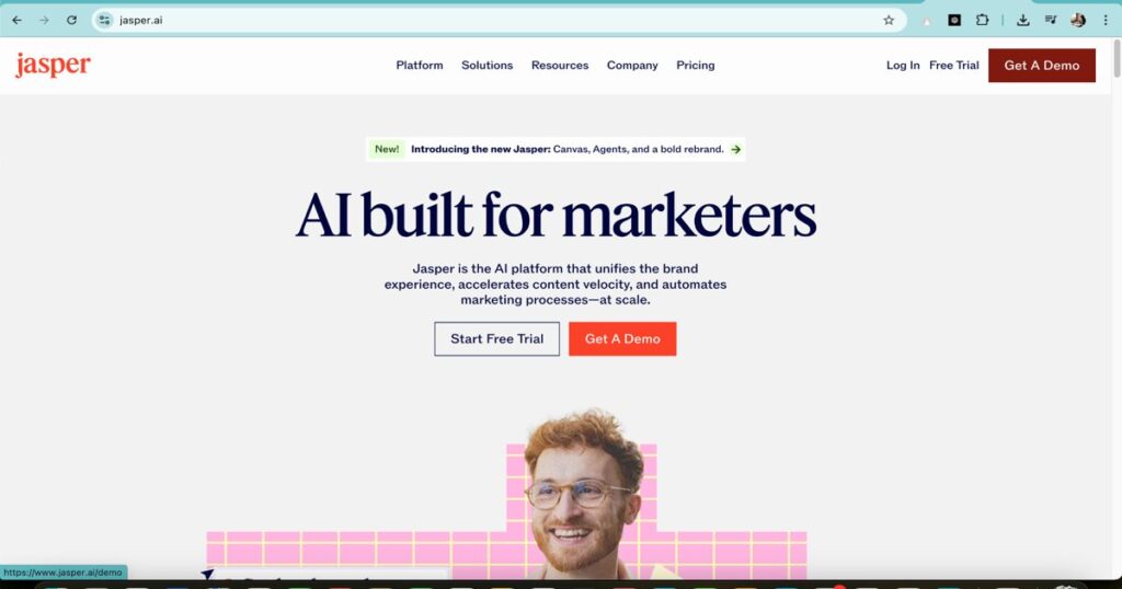 "Jasper AI tool homepage for marketers focused on lead generation and content automation"