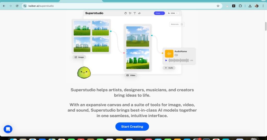 Screenshot of Kaiber.ai Superstudio interface showing AI-powered video and audio creation tools.