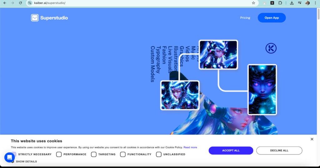"Kaiber AI Superstudio interface showcasing futuristic animated visuals"
