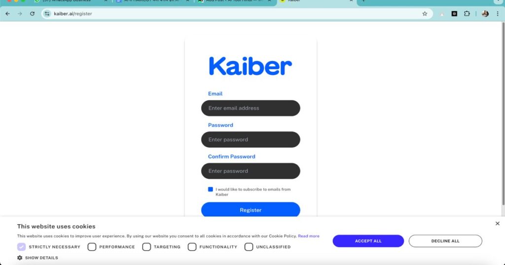 Kaiber AI video creation tool registration page interface
