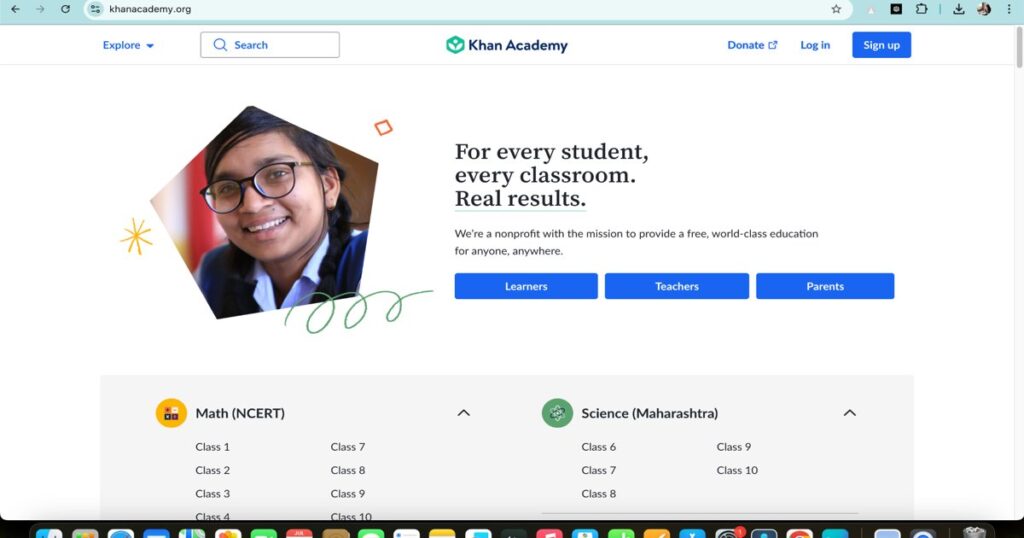 "Khan Academy homepage showing AI-assisted educational resources for students"