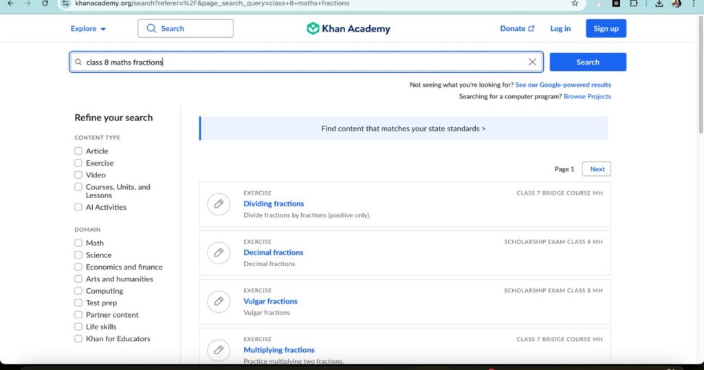Khan Academy AI search results for Class 8 math fractions exercises and lessons