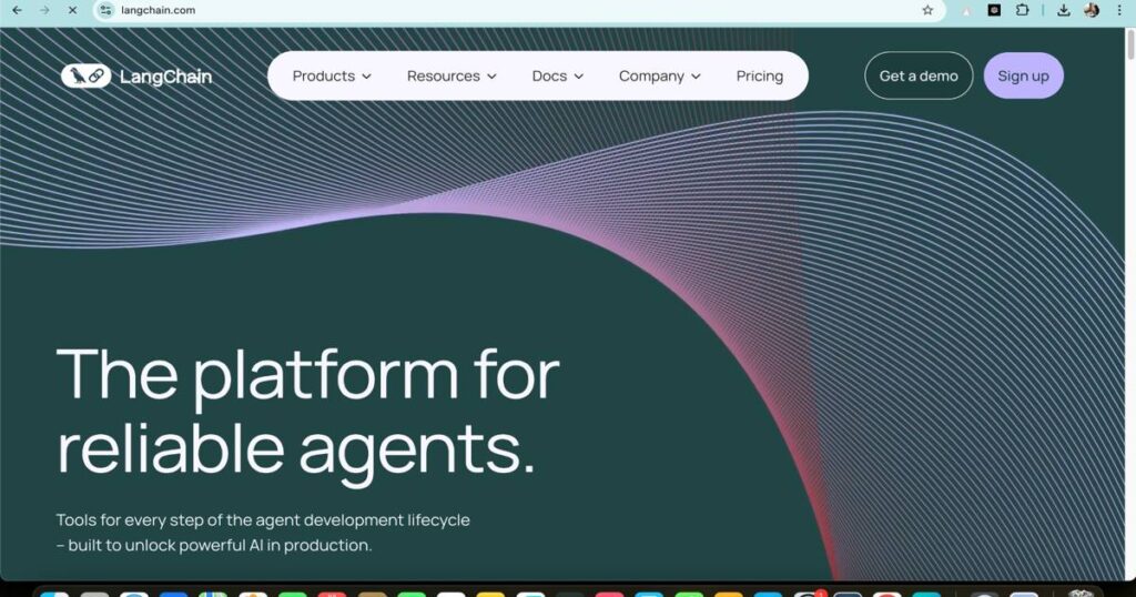 "Screenshot of LangChain homepage highlighting AI agent development platform"