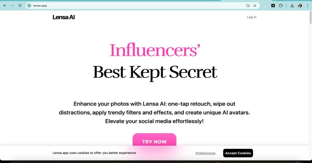 Lensa AI homepage showcasing photo editing and avatar generation features