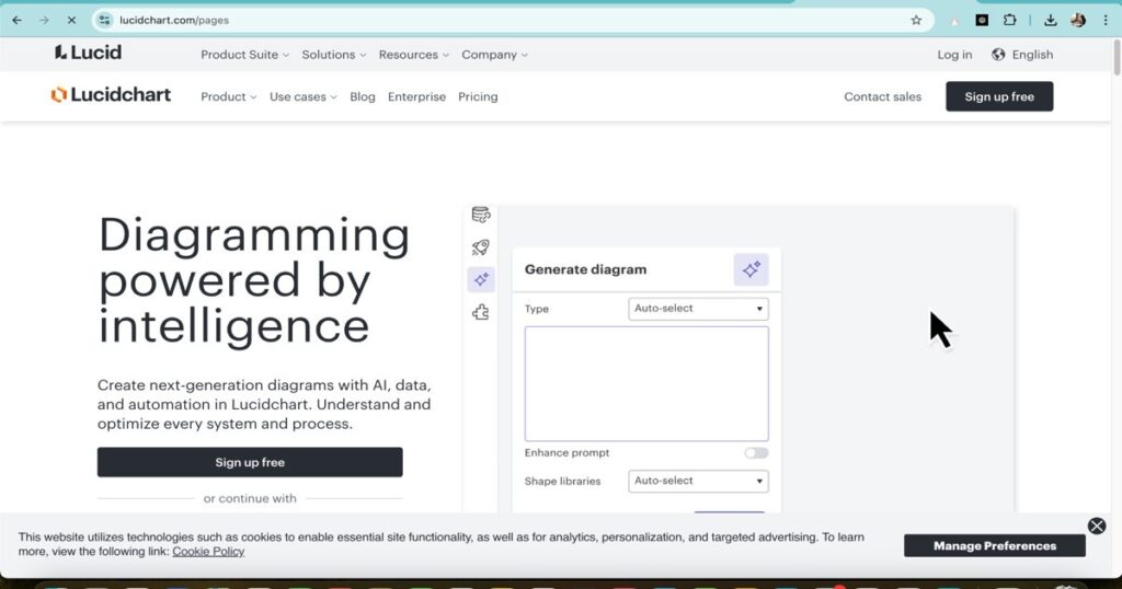 Lucidchart AI diagram generator interface showing auto-select and prompt input options