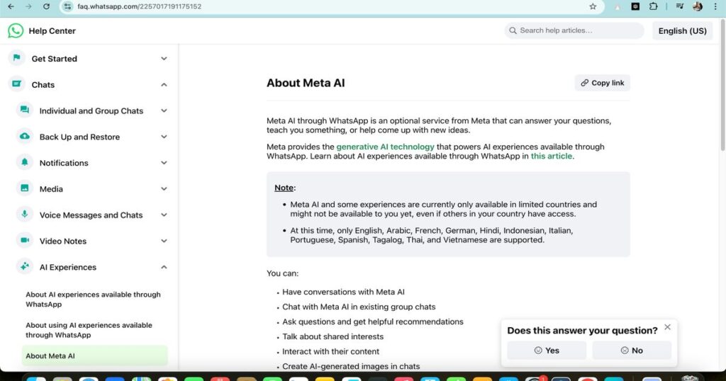 Meta AI WhatsApp bot interface showing AI-powered chat features and supported languages