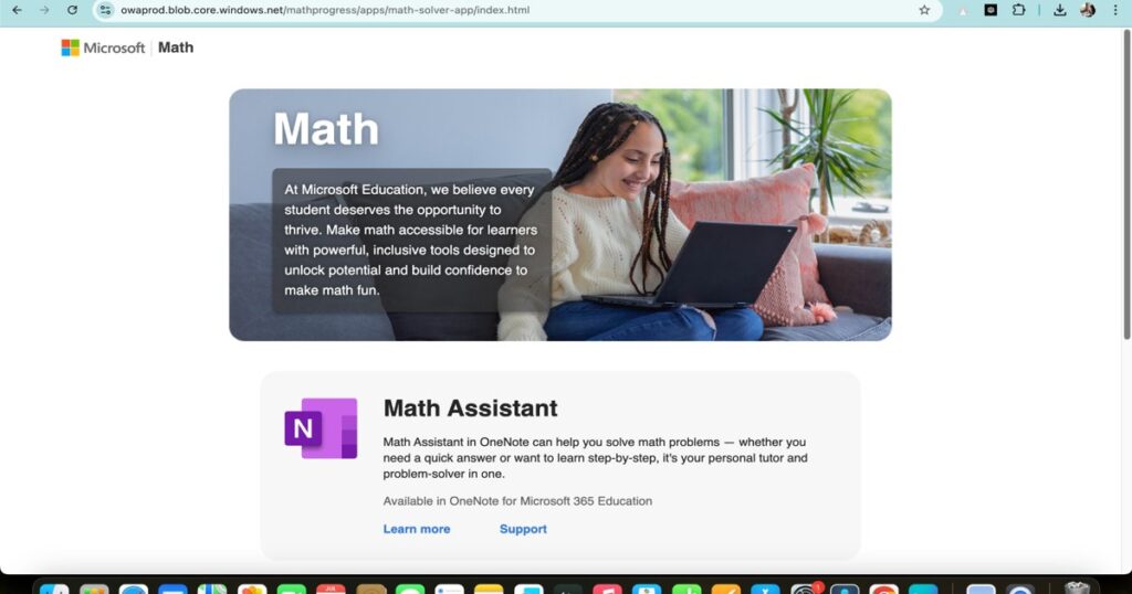 "Microsoft Math Solver interface showing student using AI-based math assistant on laptop"