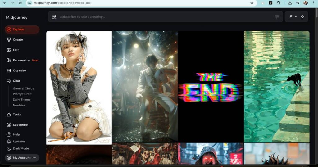 Midjourney AI platform interface showcasing creative AI-generated artwork and visuals