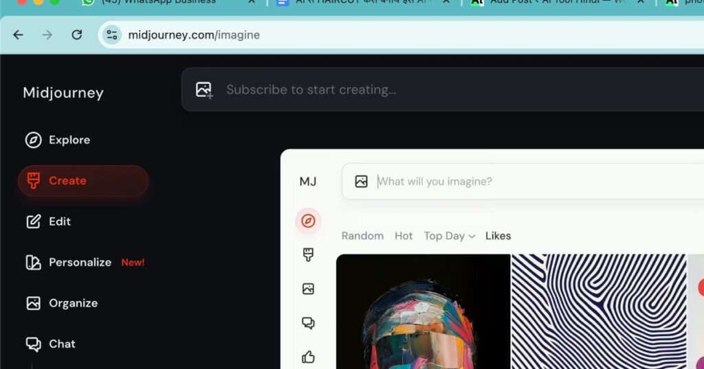Midjourney AI interface homepage for generating God images and digital art