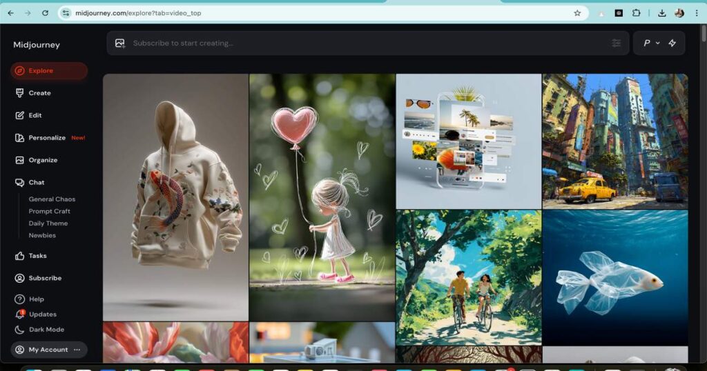 Screenshot of Midjourney AI image generation interface with creative artworks