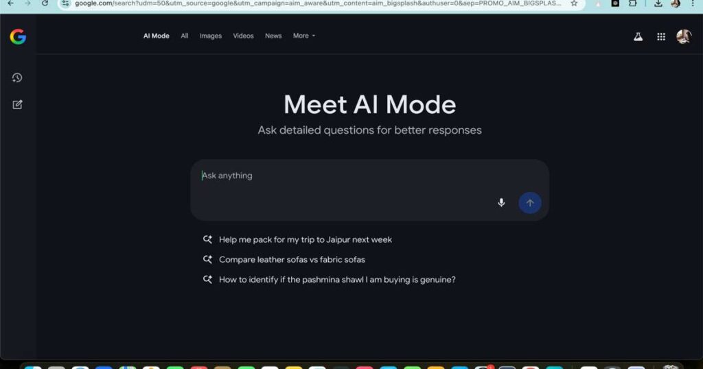 "Google AI Mode search interface showing how to access settings"