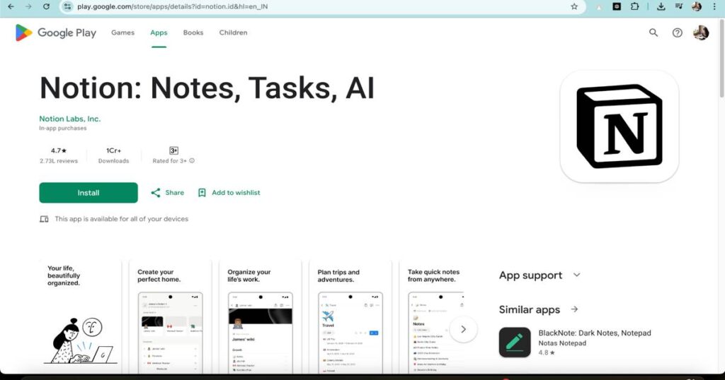 Notion AI app interface on Google Play Store with features like notes, tasks, and workspace organization