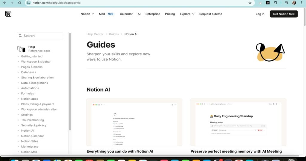 "Notion AI help center showing AI guides and interface overview"