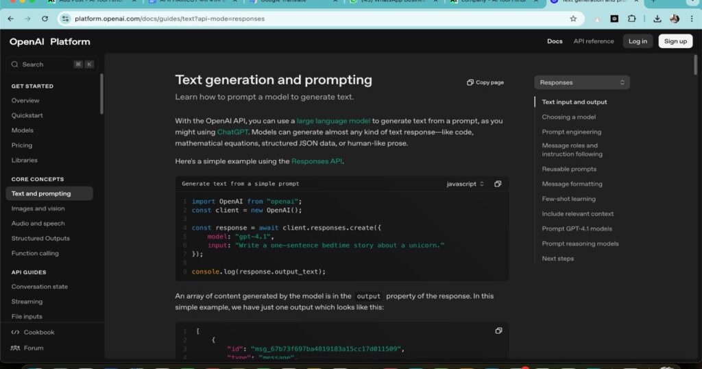 OpenAI API documentation showing text generation example using ChatGPT API